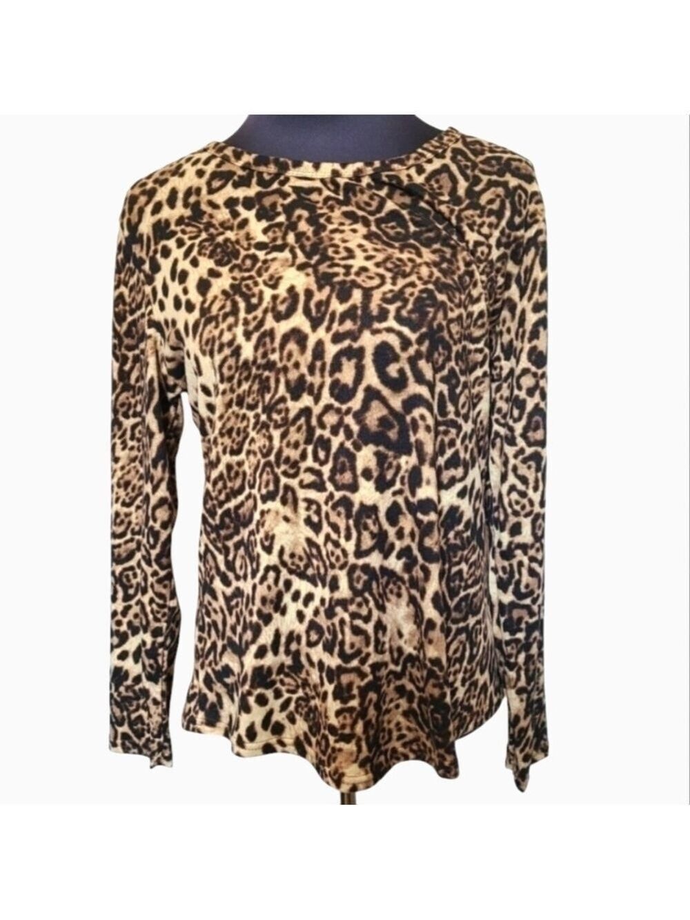 TRÏBE Black & Tan Leopard Print Long Sleeve Cotton Blend Top Size M NWT